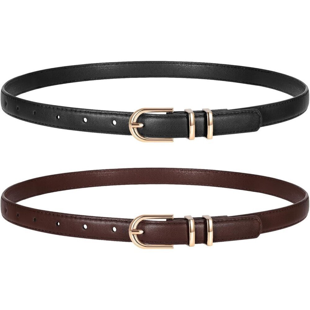 2 Pack Women's Skinny Leather Belts Black Dark Coffee Thin Faux with Gold Buckle